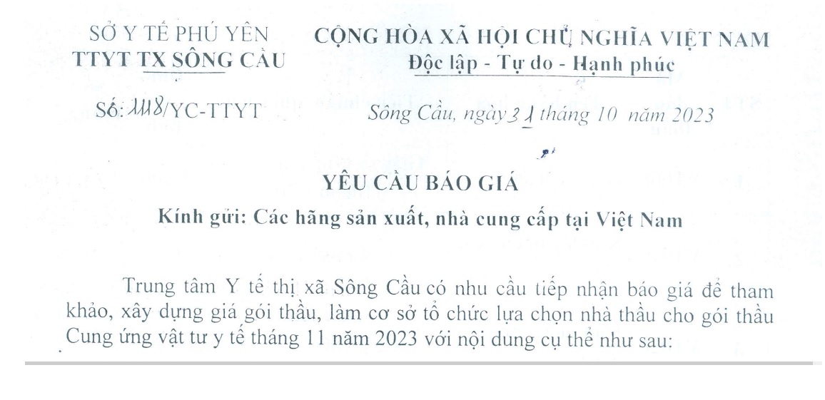 Yêu cầu báo giá Cung ứng vật tư y tế tháng 11 năm 2023